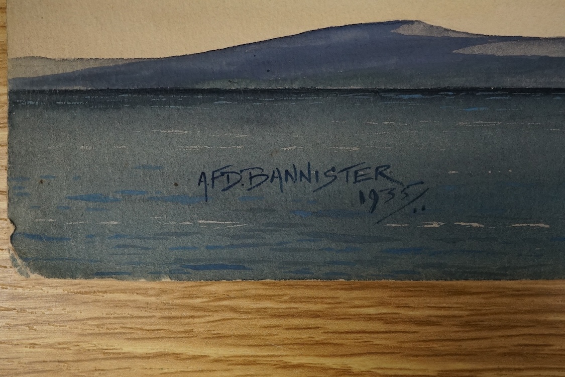 A F D Bannister, set of four original watercolours for postcard designs, 1930's RAF aircraft to include Hawker Hart fighters, Fairey Hendon Bomber and Super Marine Scapa Flying Boat, two signed and dated 1935, 30 x 46cm,